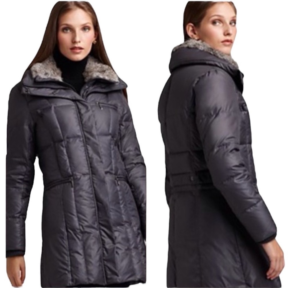 Steve by Searle Black Down Genuine Fur Trim Collar Quilted Puffer Jacket Coat  M